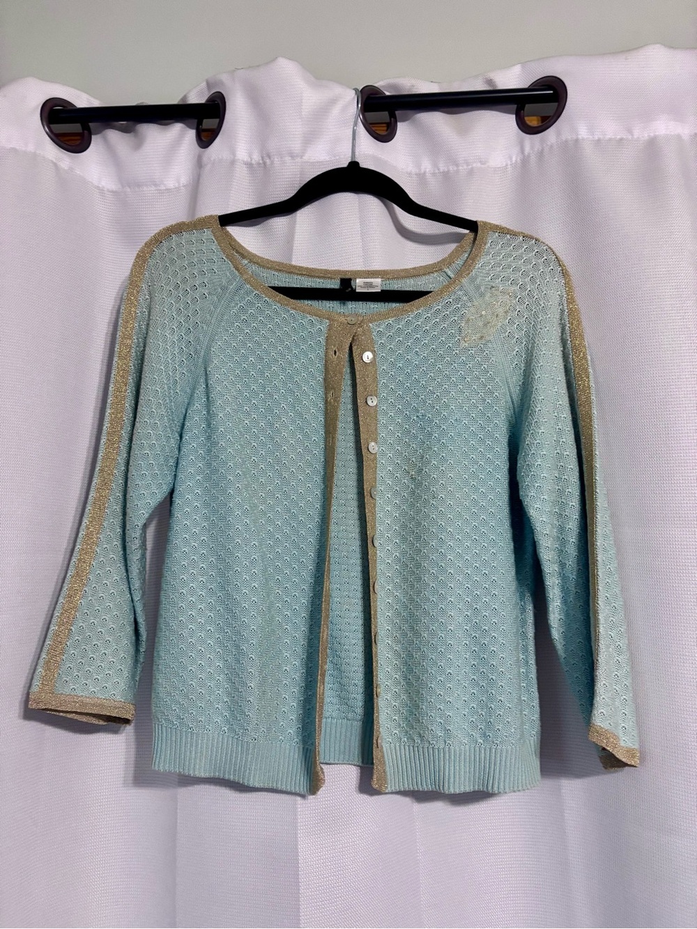 Vintage Lt. Blue Soft Knit POWWOW Cardigan w/ Gold ribbon Trim silk blend Large
